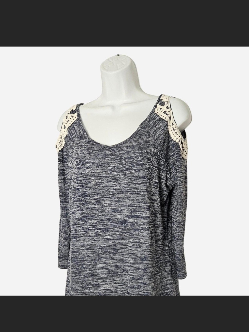 Almost Famous Navy Heather Cold-Shoulder Sweater with Cream Crochet Size Large